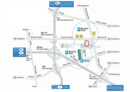 Auto-Anfahrtsplan zum RheinEnergieSTADION mit Straßen und Parkplätzen.