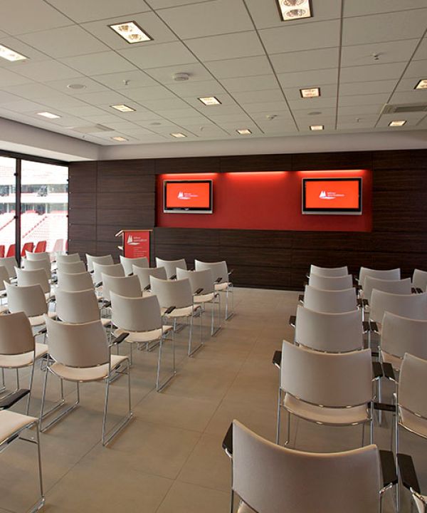 Empty rows of chairs in the ClubLounge North at RheinEnergieSTADION.