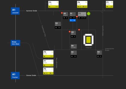 Graphic map to the RheinEnergieSTADION with marked streets and parking lots.